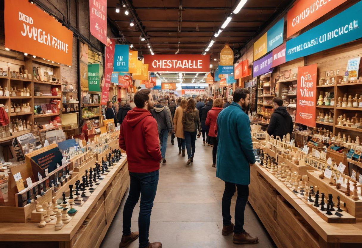 A vibrant marketplace scene showcasing diverse products with price tags indicating steep discounts. In the foreground, a charismatic shopkeeper gestures energetically to a group of excited shoppers evaluating wholesale options. The background features colorful banners displaying 'Unbeatable Discounts' amidst a bustling crowd. Overlay with visual elements representing strategy, like a chessboard design subtly integrated into the layout. super-realistic. vibrant colors. lively atmosphere.