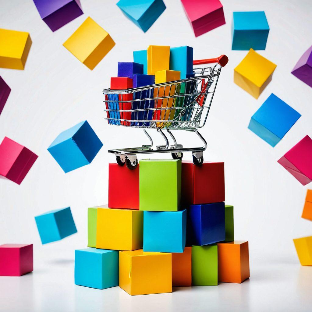 A vibrant collage showcasing the journey of e-commerce success, featuring a digital shopping cart overflowing with products, stacked boxes indicating bulk purchasing, a colorful profit bar chart, and a ladder leading up to a shining trophy labeled 'Success'. Include a diverse group of happy entrepreneurs celebrating. super-realistic. vibrant colors. white background.