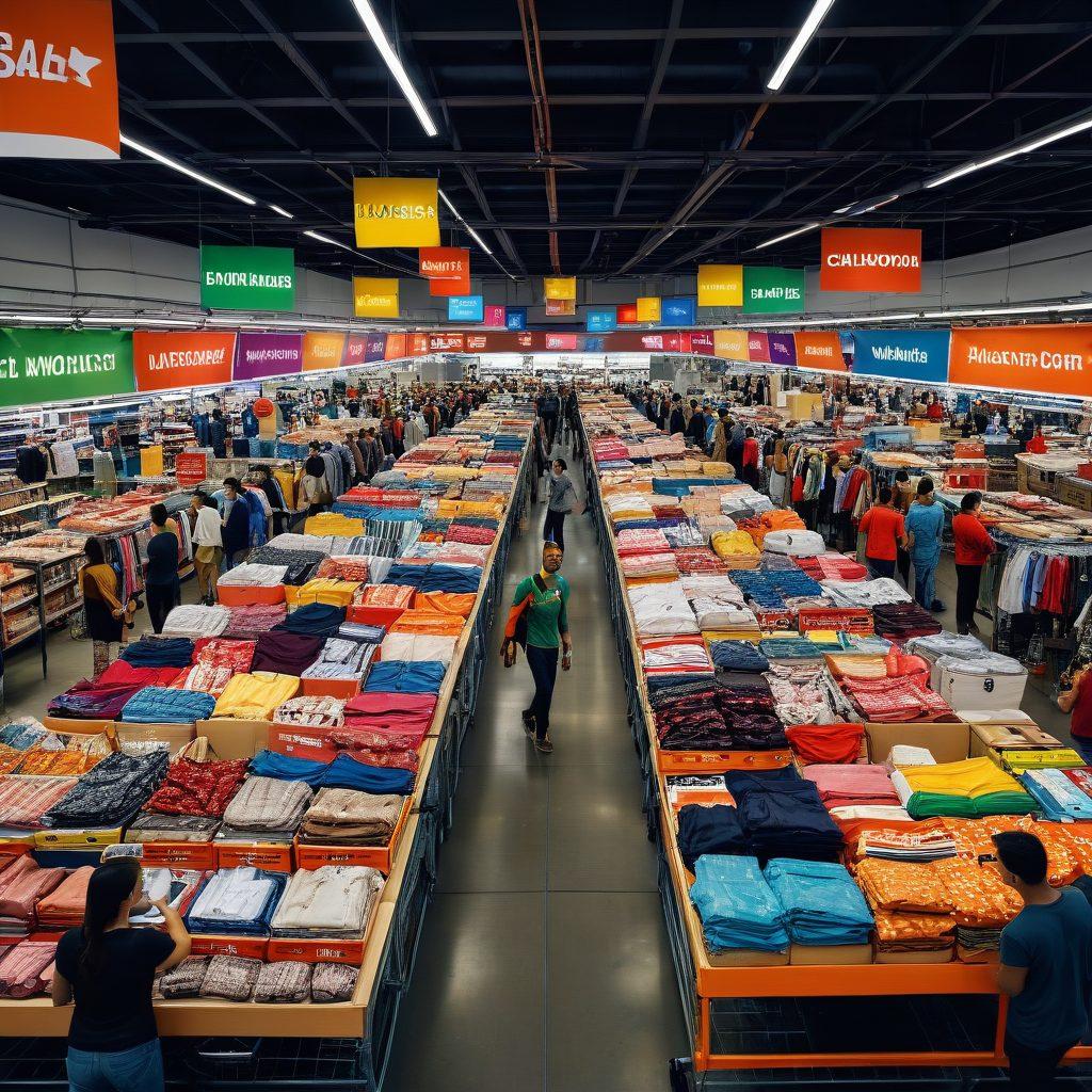 A bustling wholesale market scene filled with vibrant colors, showcasing various discounted products such as electronics, household goods, and clothing. Shoppers eagerly examining items in bulk, with a prominently featured ‘Super Wholesaler Strategies’ banner overhead. Include visual elements like price tags indicating discounts and a cart overflowing with various goods. The atmosphere should exude excitement and opportunity. super-realistic. vibrant colors. dynamic composition.